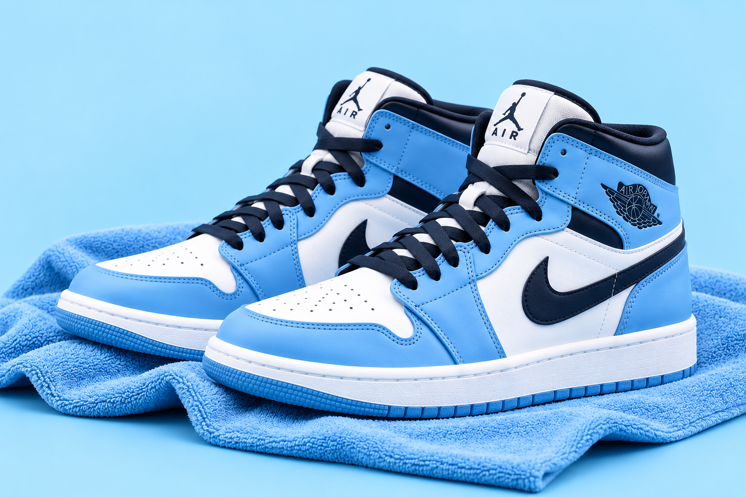 Blue and white Air Jordan high-top sneakers on a blue microfiber cloth