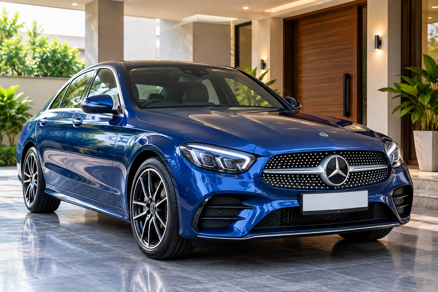 Blue Mercedes-Benz parked in a modern house porch