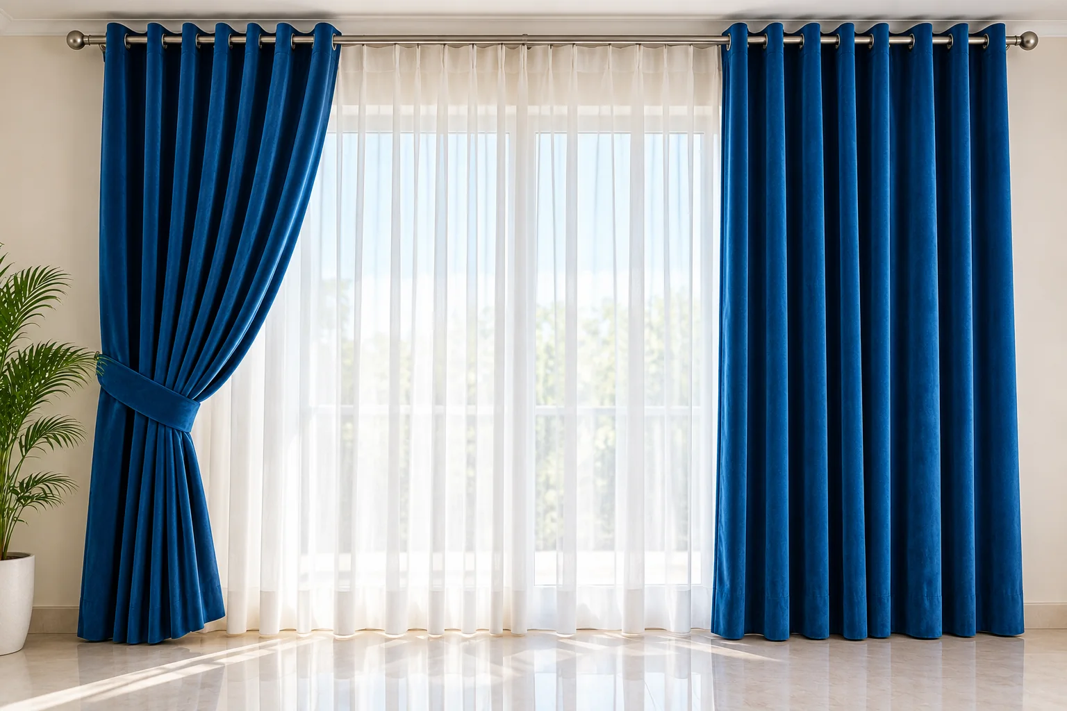 Full-length royal blue velvet curtains with white sheers and visible hanging rod