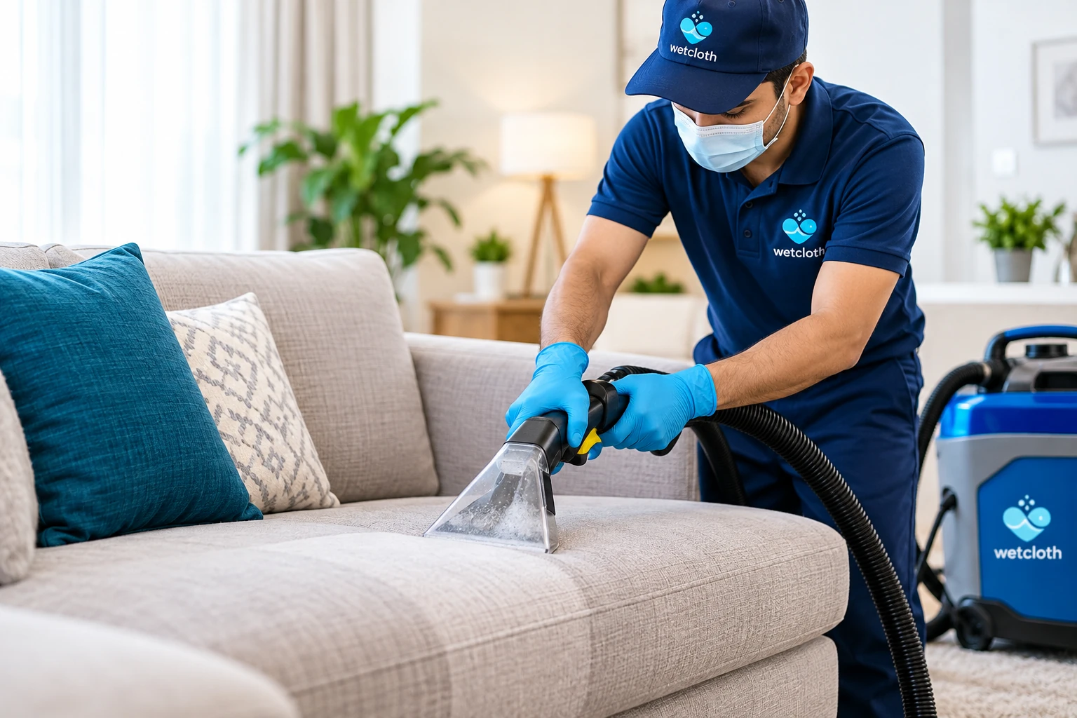 Professional upholstery cleaner deep-cleaning a sofa