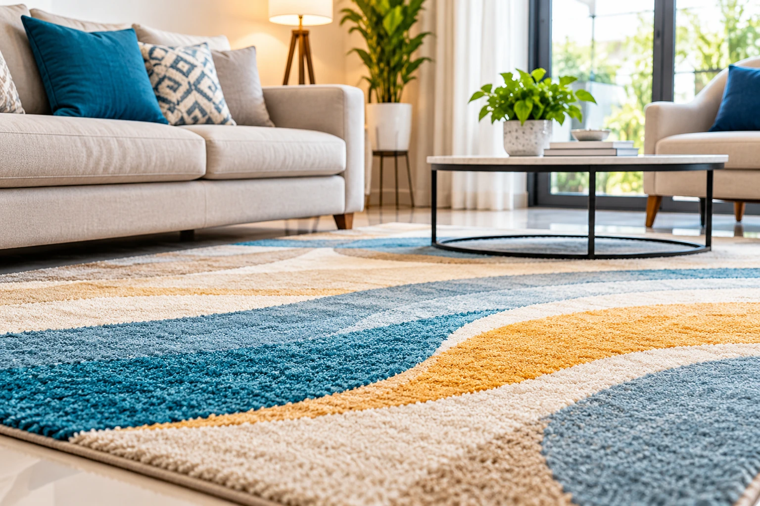 Freshly cleaned colourful blue, cream and gold carpet in a bright modern living room